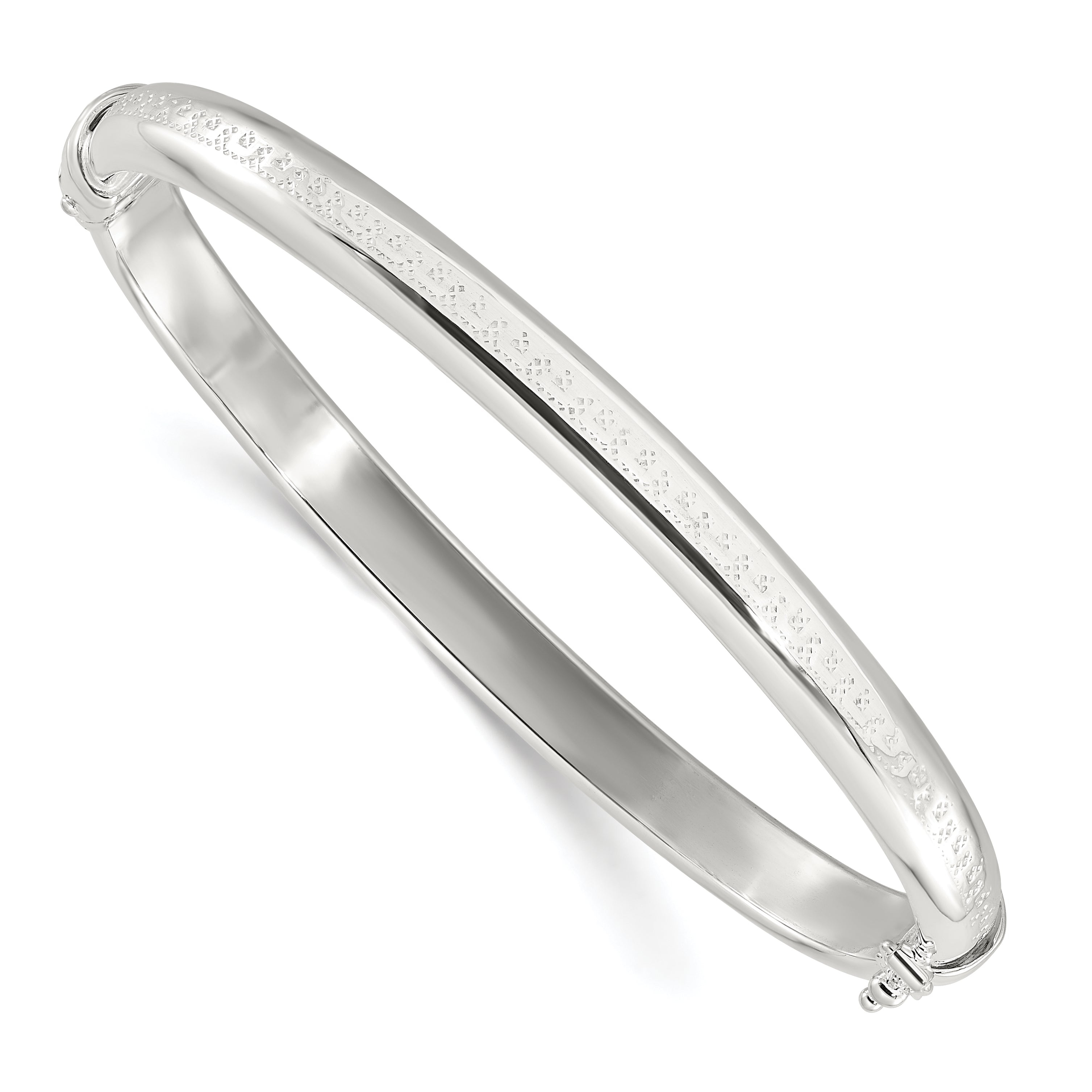 Sterling Silver Polished Textured Hinged Bangle Bracelet