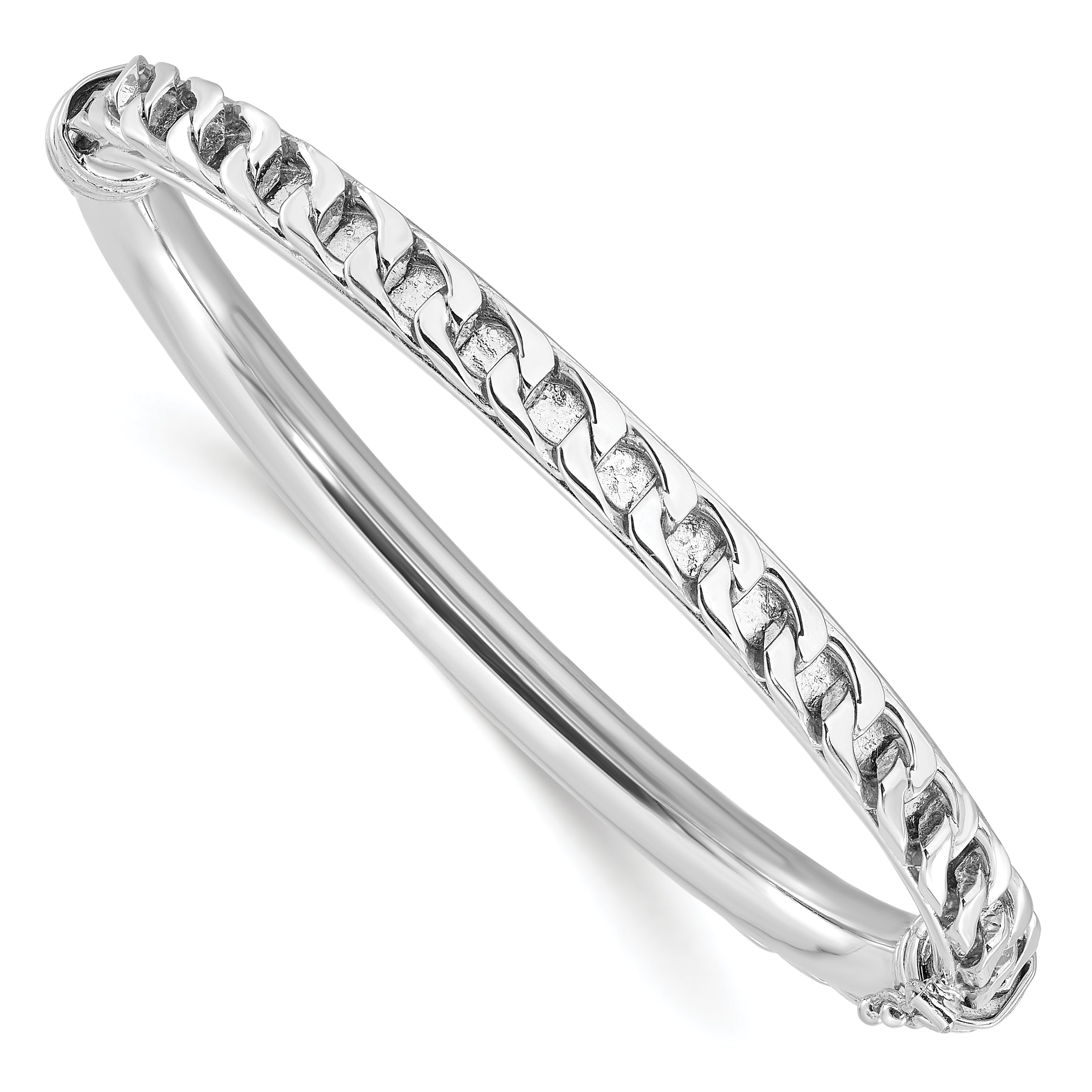 Sterling Silver Polished Rhodium-plated Textured Link Hinged Bangle Bracele