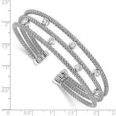 Sterling Silver Polished Rhodium-plated Textured 3 Band CZ Cuff Bracelet