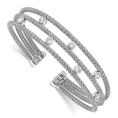 Sterling Silver Polished Rhodium-plated Textured 3 Band CZ Cuff Bracelet