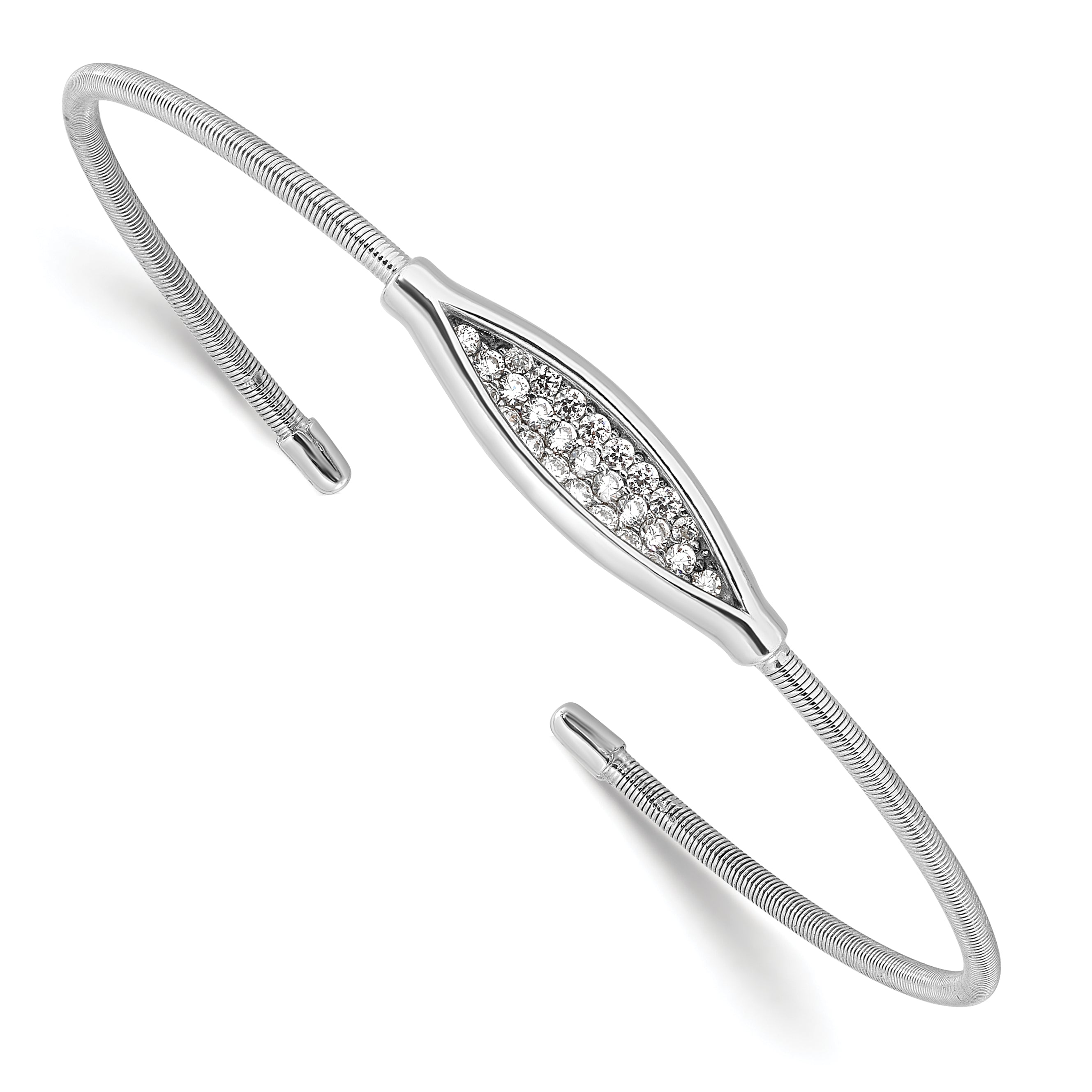 Sterling Silver Polished Rhodium-plated Textured CZ Cuff Bracelet