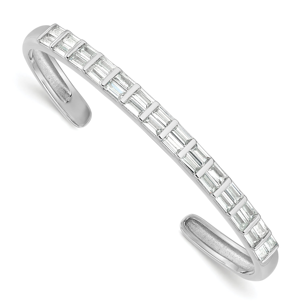 Sterling Silver Rhodium-plated Polished Baguette CZ Cuff Bangle