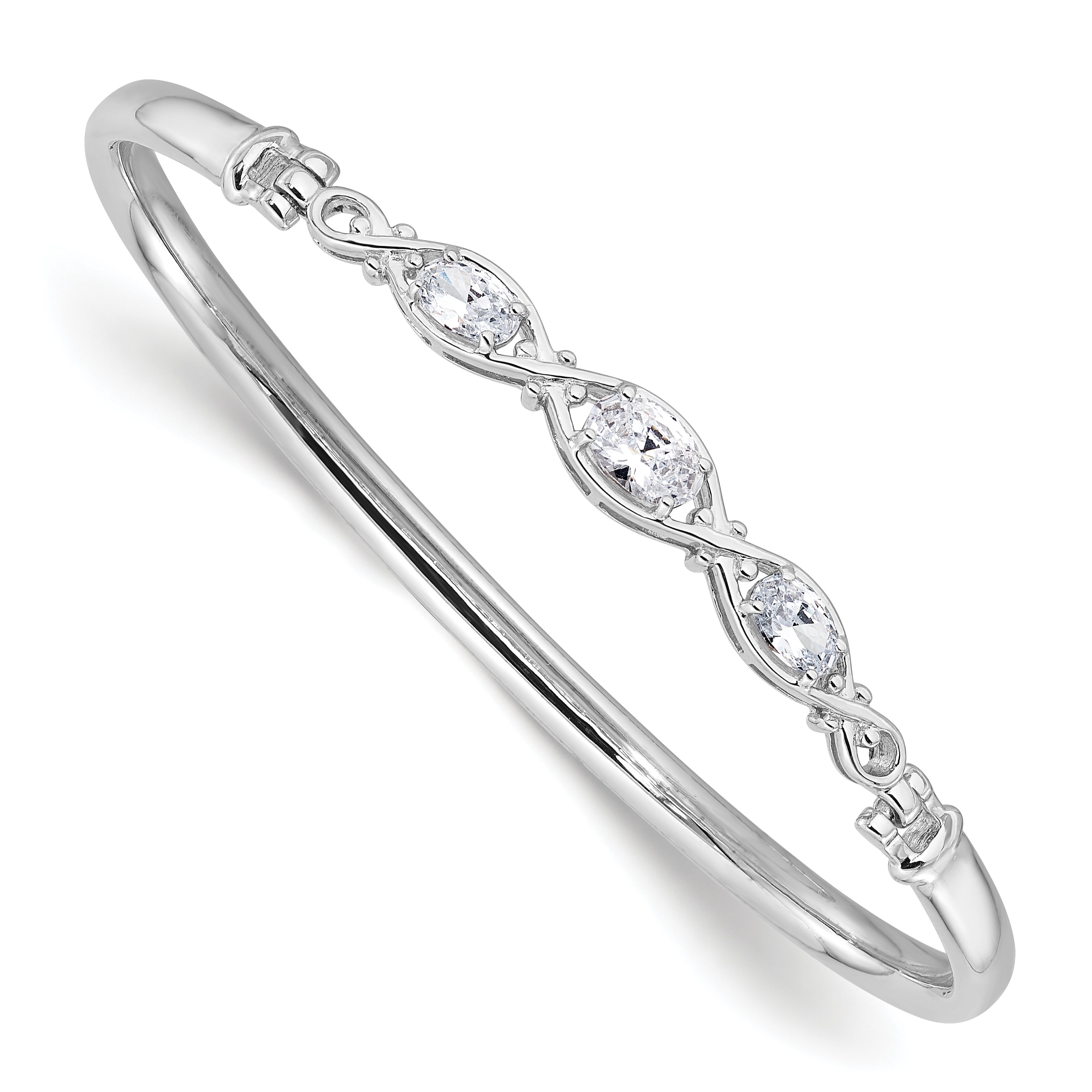 Sterling Silver Rhodium-plated Polished CZ Hook Closure Bangle Bracelet