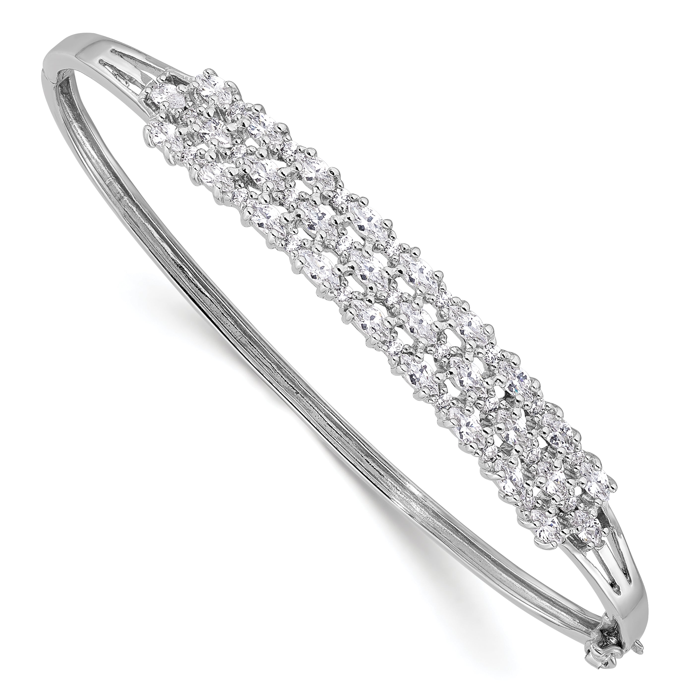 Sterling Silver Rhodium-plated Polished Graduated CZ 3 Row Hinged Bracelet