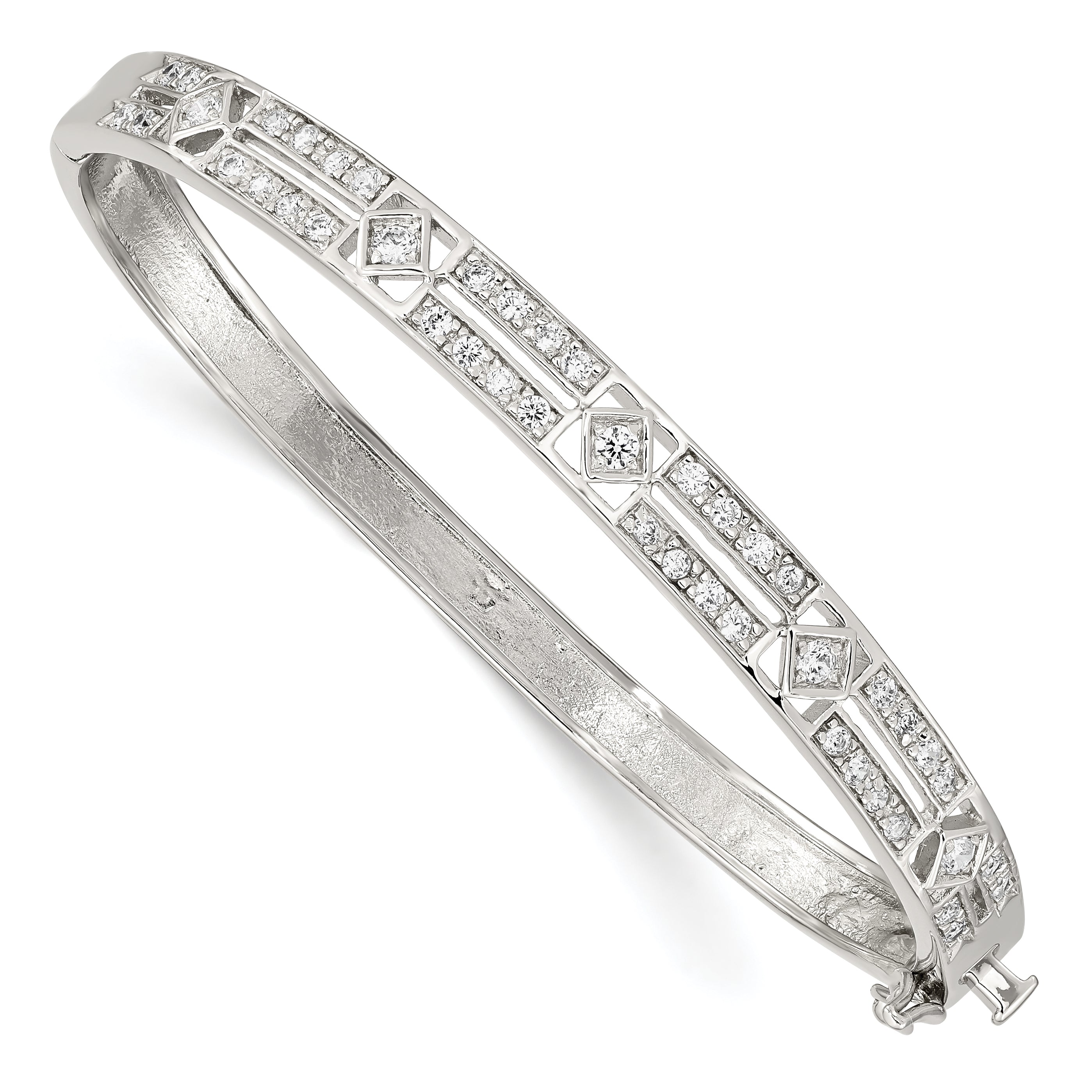 Sterling Silver Rhodium-plated CZ Hinged Bangle