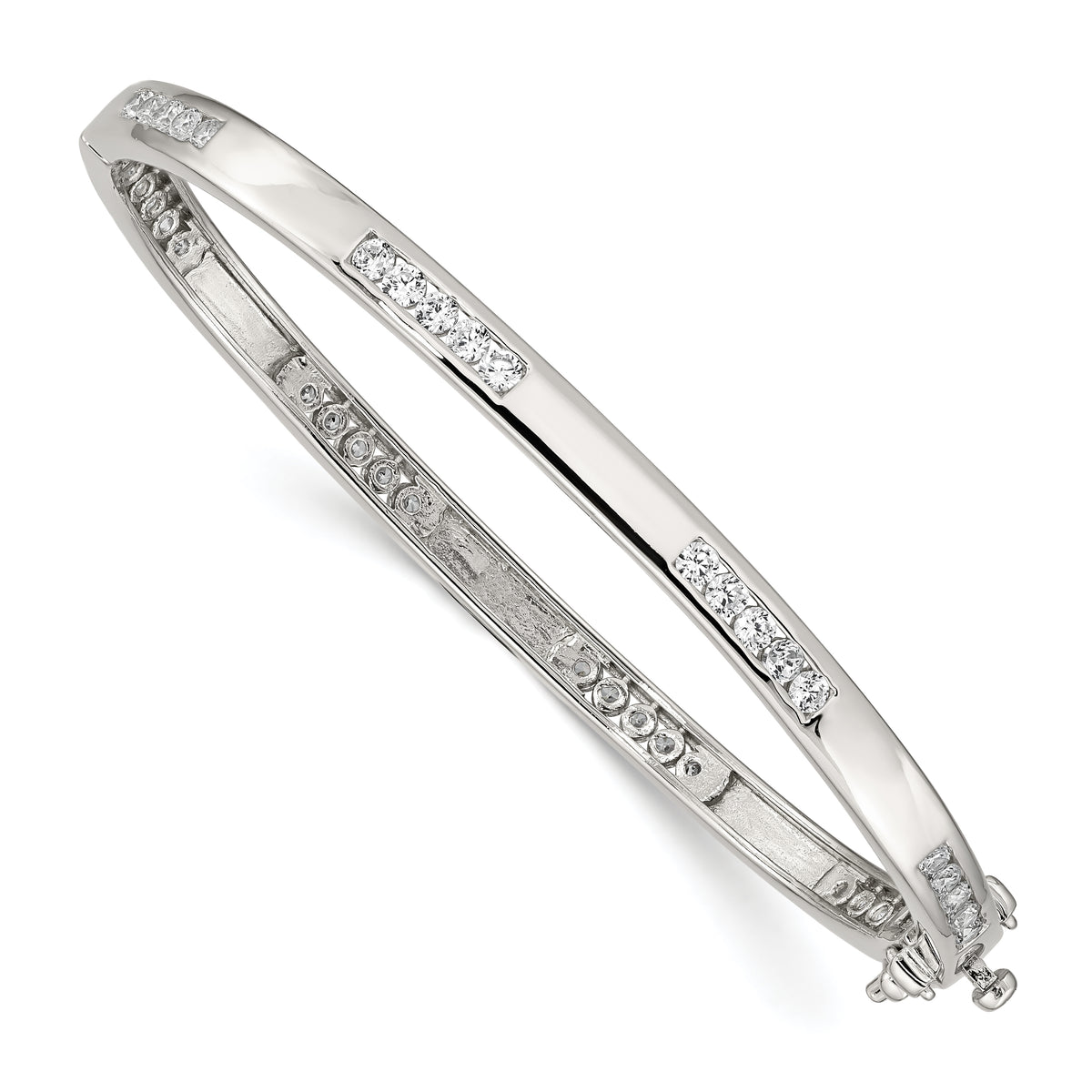 Sterling Silver Rhodium-plated Clear CZ Oval Hinged Bangle Bracelet