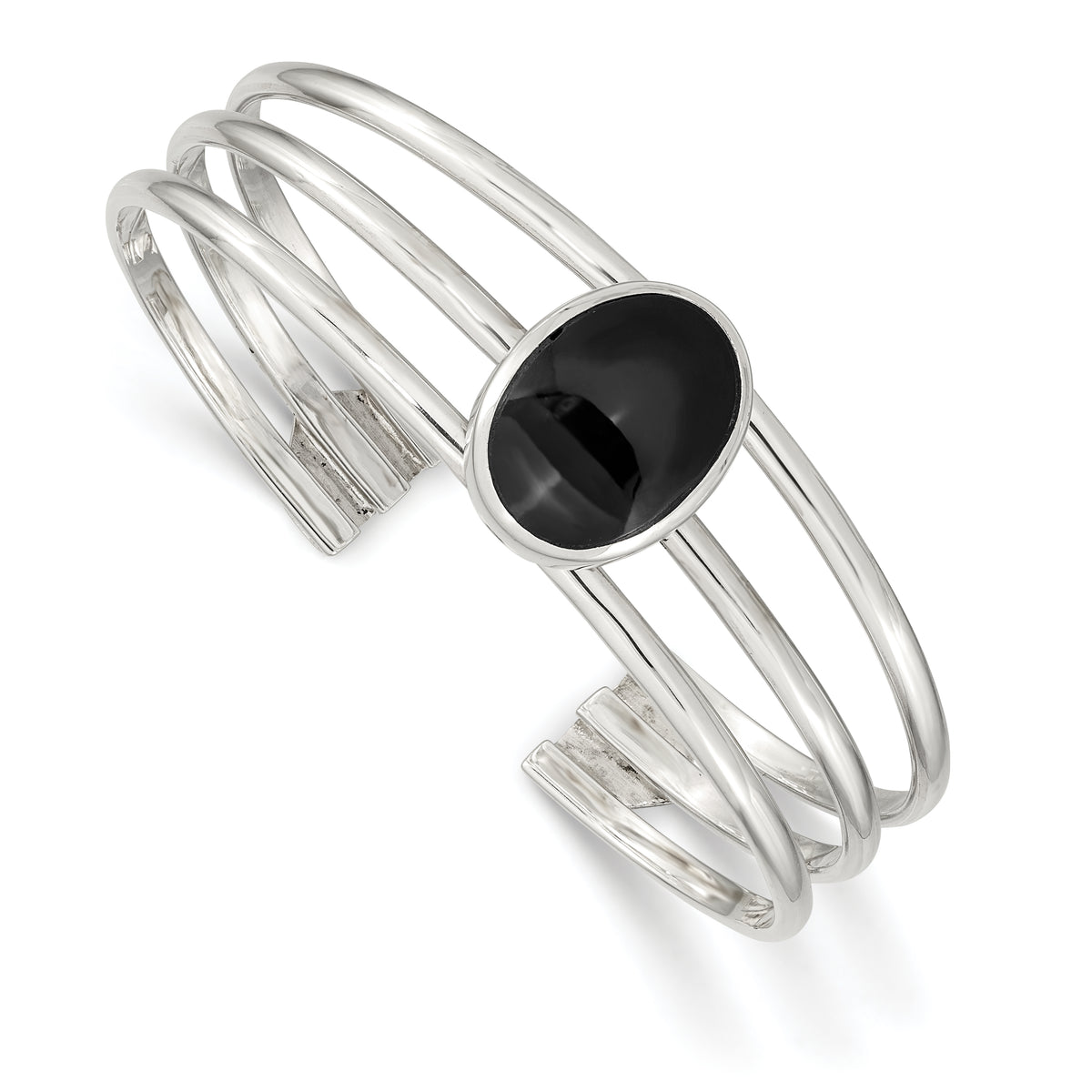 Sterling Silver Onyx Three Strand Cuff Bangle Bracelet