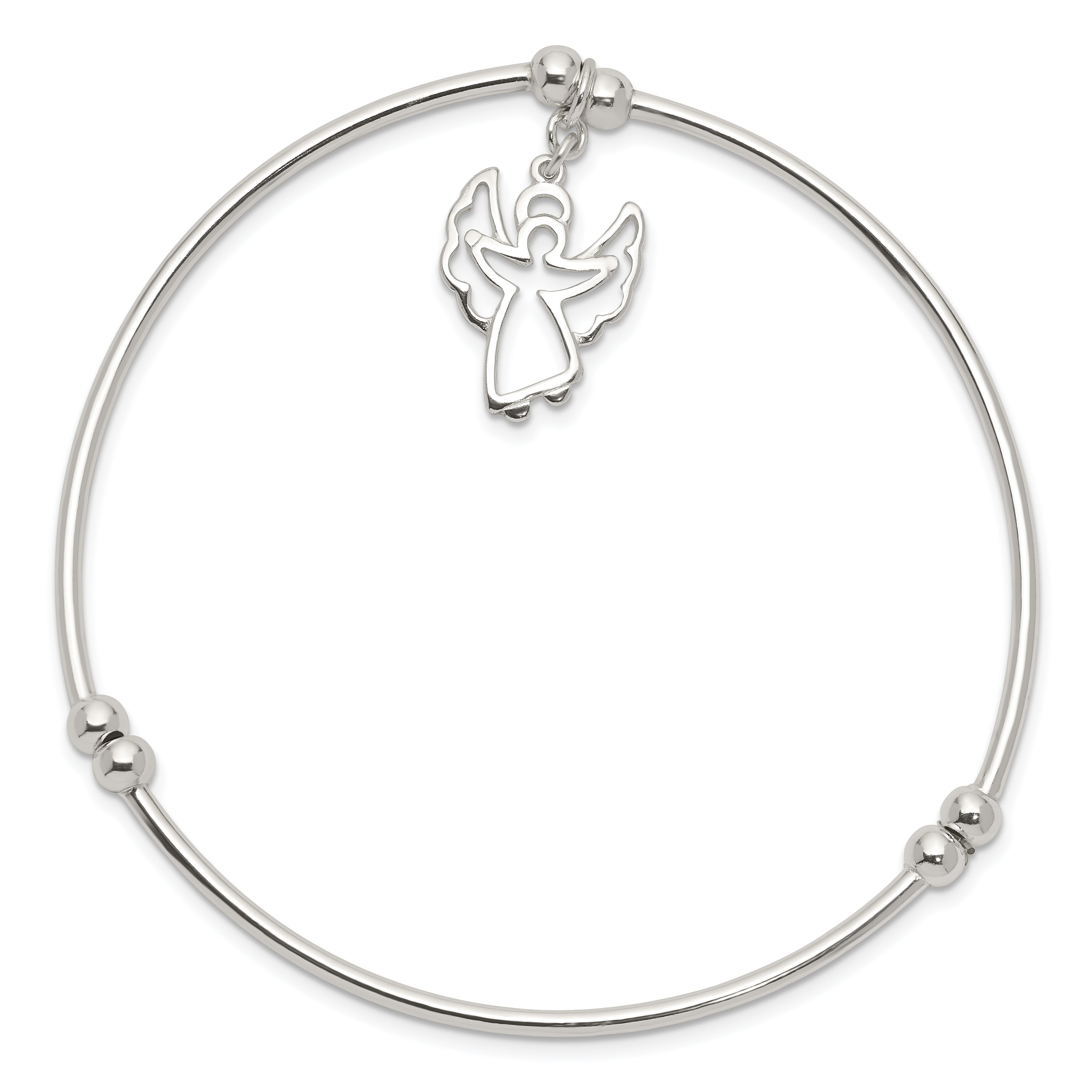 Sterling Silver Rhodium-plated Bead w/Angel Stretch Bangle Bracelet