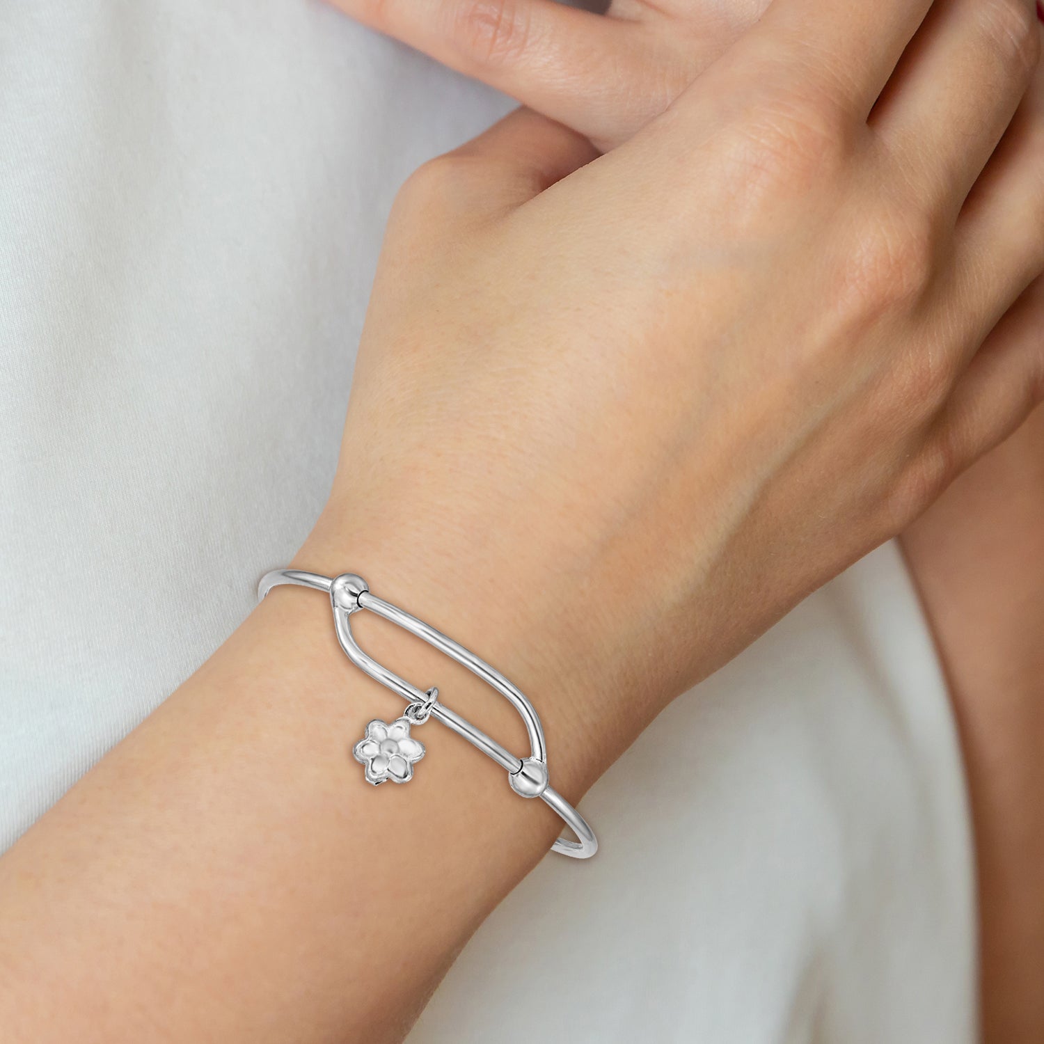 Sterling Silver Adjustable Flower Baby Bangle with Rhodium Finish