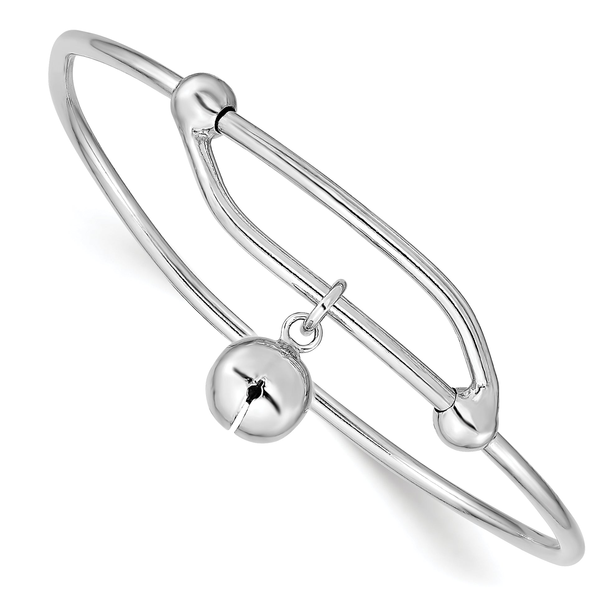 Sterling Silver Rhodium-plated Polished Jingle Bell Adjustable Baby Bangle