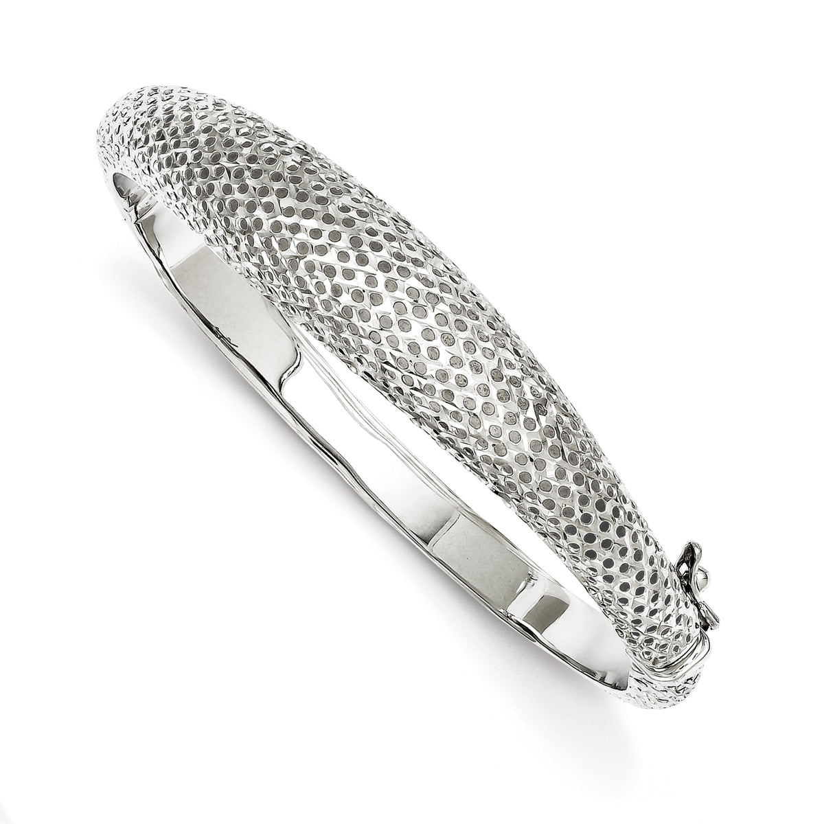 Sterling Silver Rhodium Polished Textured Hinged Bangle