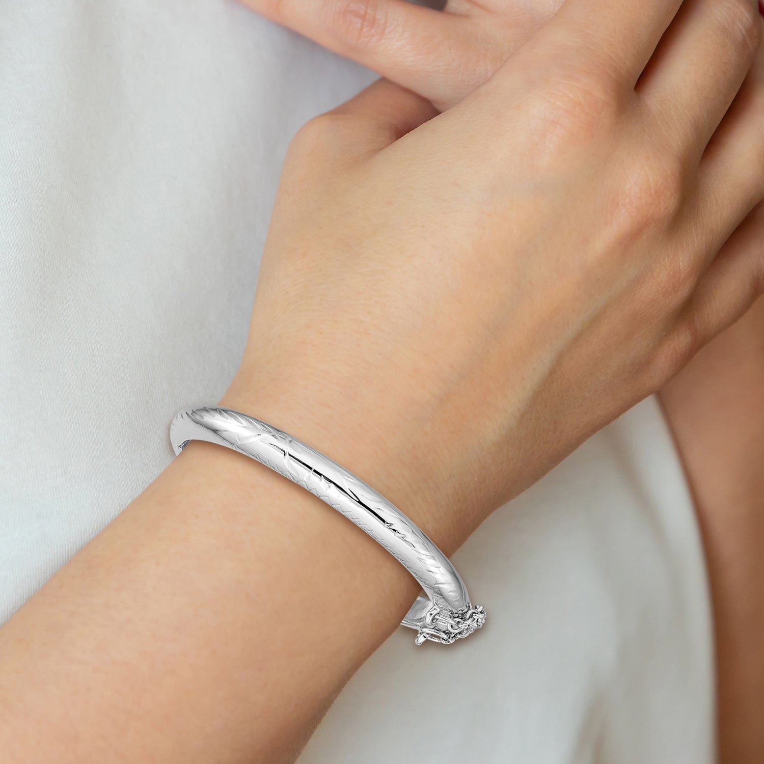 Sterling Silver Rhodium-plated Polished & Diamond-cut 5mm with Safety Clasp Hinged Children's Bangle