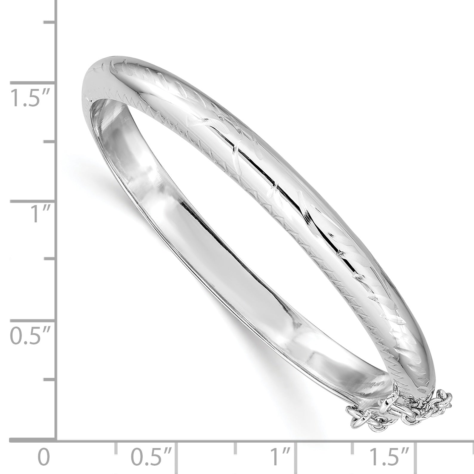 Sterling Silver Rhodium-plated Polished & Diamond-cut 5mm with Safety Clasp Hinged Children's Bangle