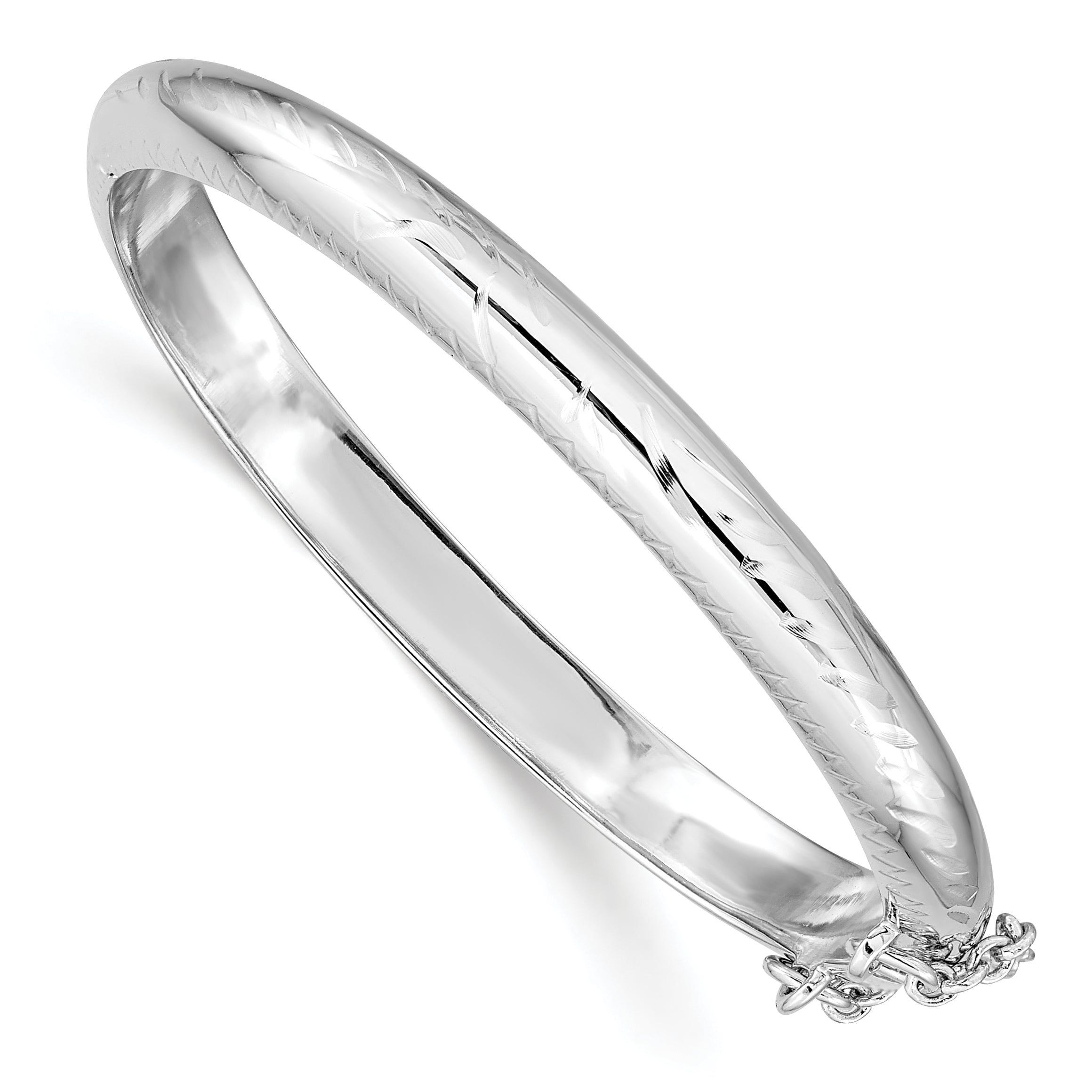 Sterling Silver Rhodium-plated Polished & Diamond-cut 5mm with Safety Clasp Hinged Children's Bangle