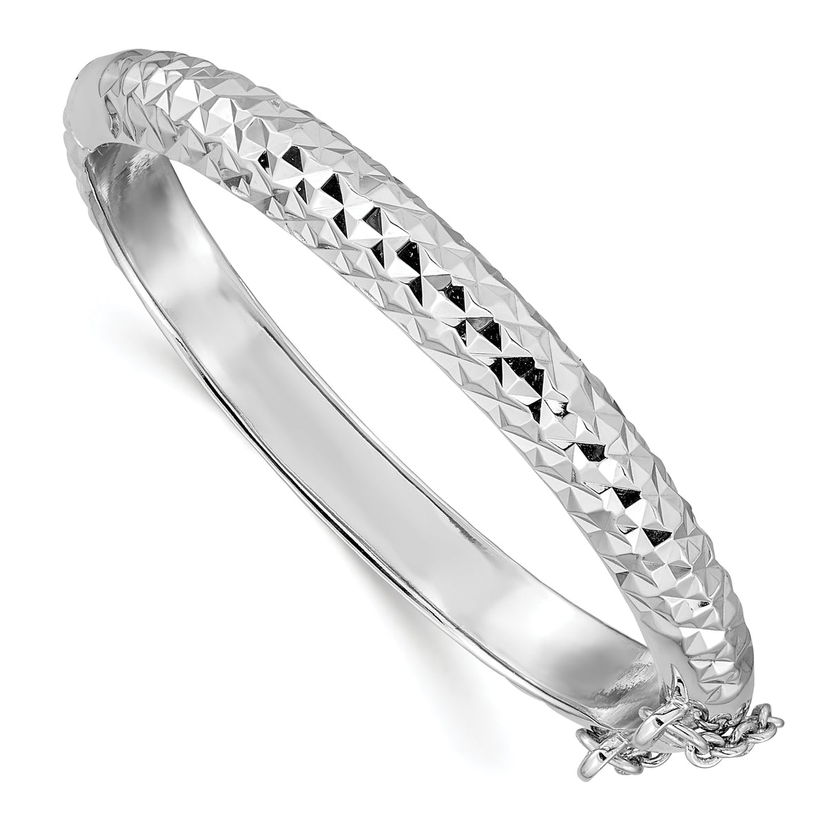 Sterling Silver Rhodium-plated Polished & Diamond-cut 5.5mm with Safety Clasp Hinged Children's Bangle