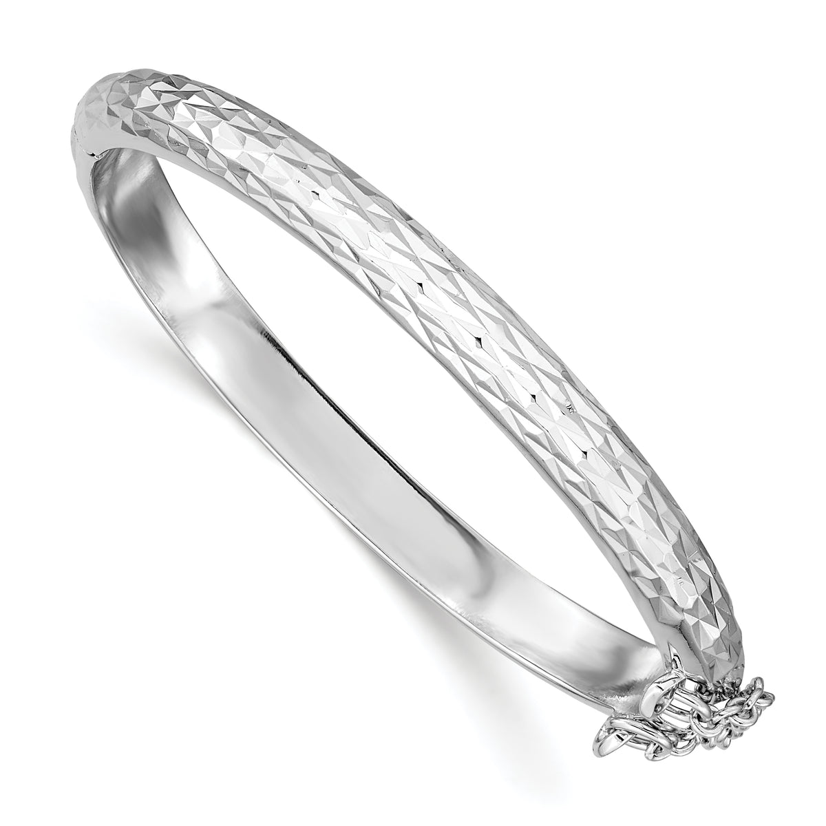 Sterling Silver Rhodium-plated Polished & Diamond-cut 5.5mm with Safety Clasp Hinged Children's Bangle