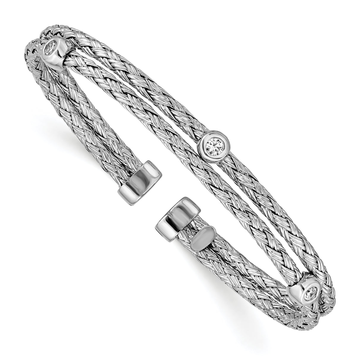 Sterling Silver Polished Rhodium-plated Double Strand CZ Cuff Bangle