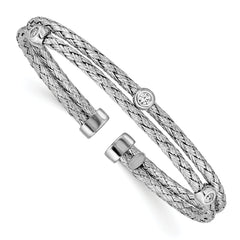 Sterling Silver Polished Rhodium-plated Double Strand CZ Cuff Bangle