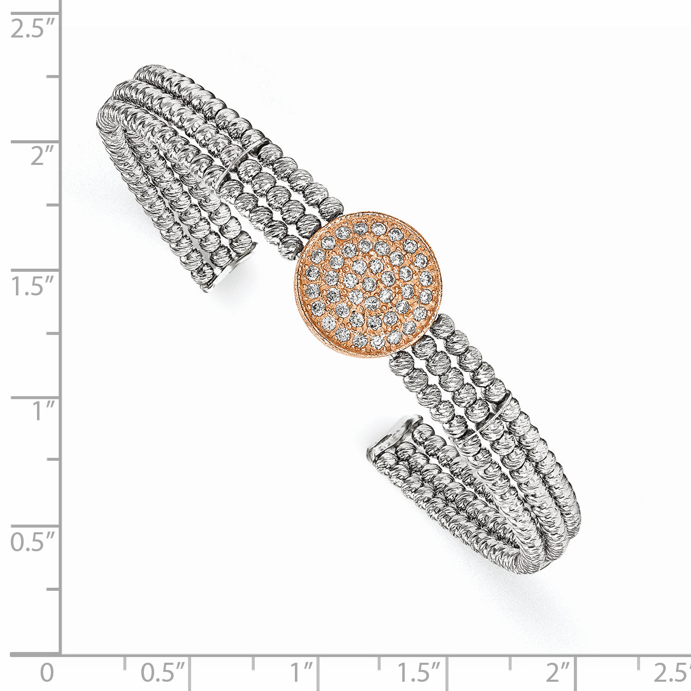 Sterling Silver Rose, Rhodium-plated 3-strand Beaded Swarovski Crystal Cuff