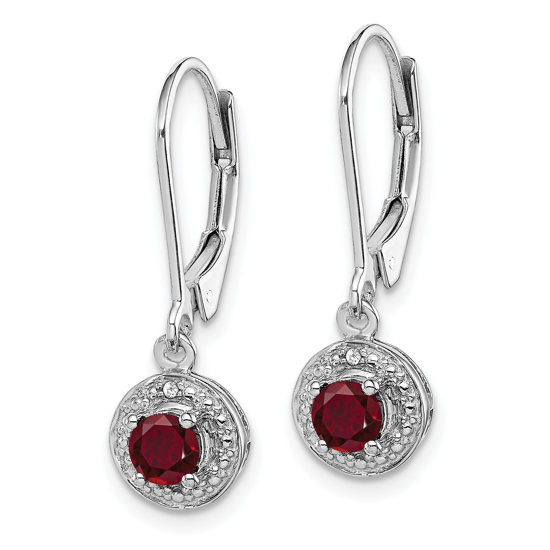 Sterling Silver Rhodium Plated Ruby and Diamond Halo Dangle Earrings Elegant July Birthstone