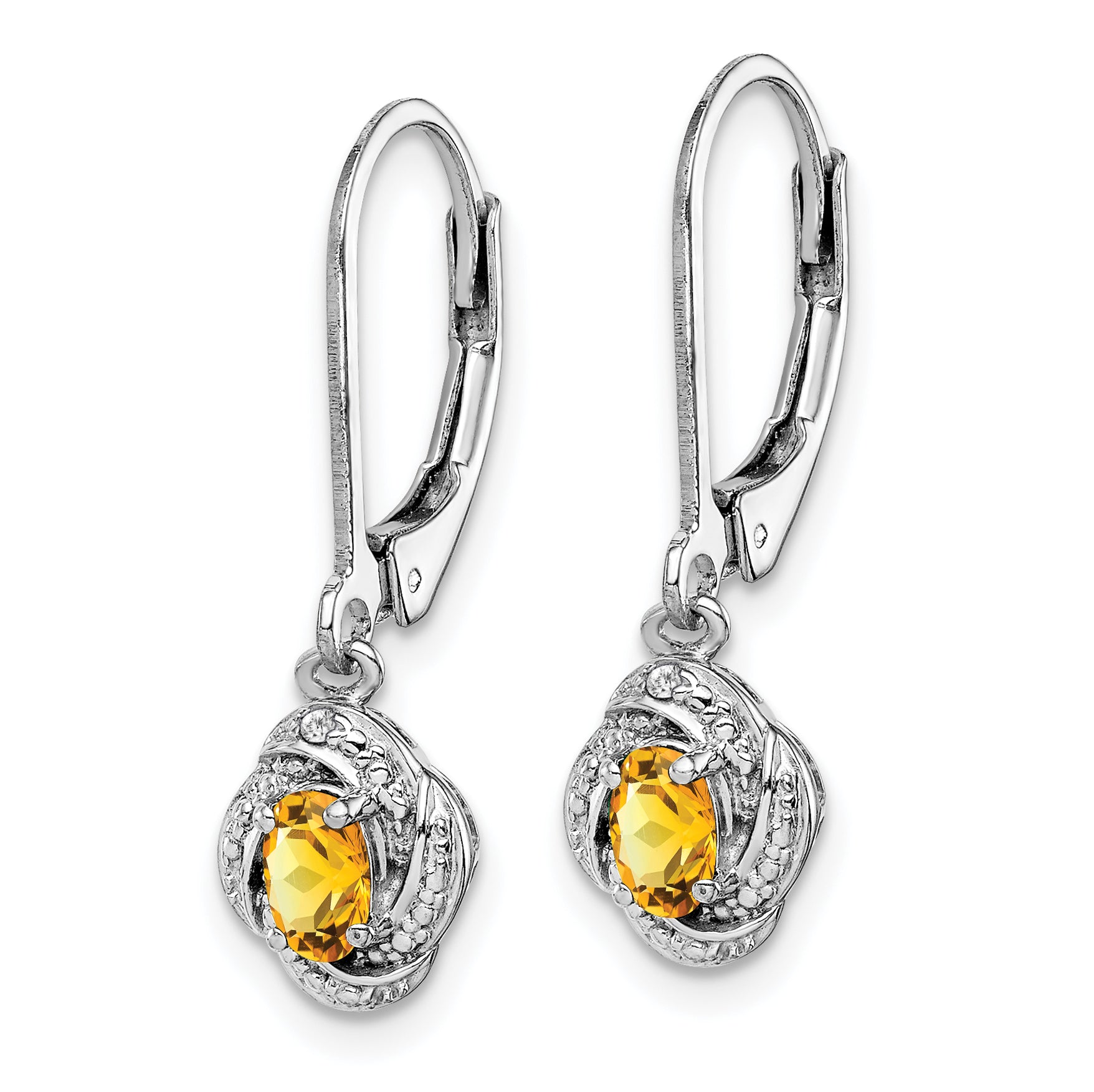 "925 Sterling Silver Citrine & Diamond Drop Earrings with Polished Rhodium Finish"