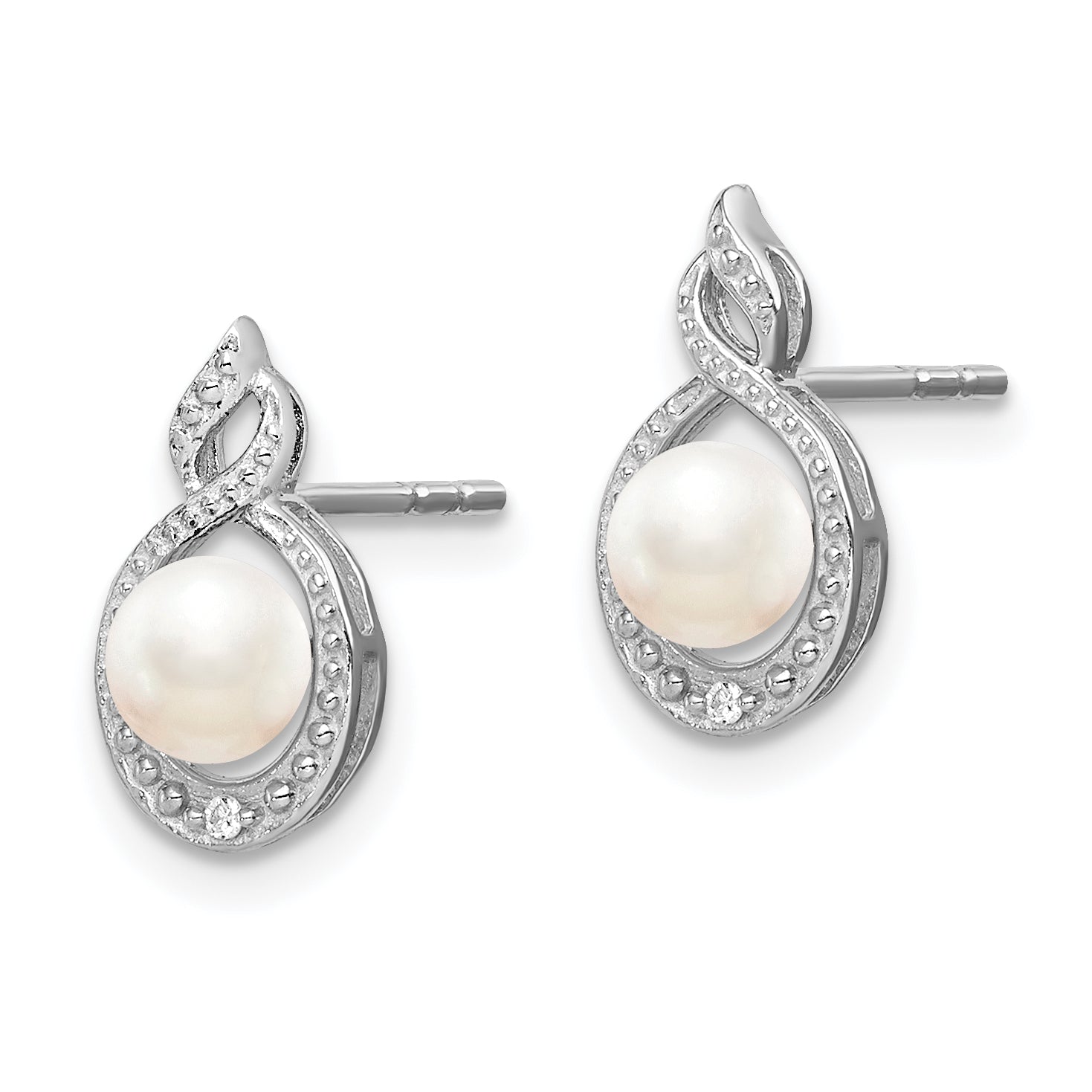 Sterling Silver Rhodium-plated FW Cultured Pearl & Diam. Earrings