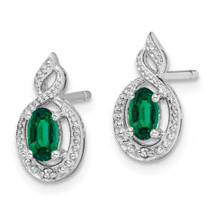 Sterling Silver Rhodium-Plated Emerald & Diamond Button Earrings – Elegant May Birthstone Design