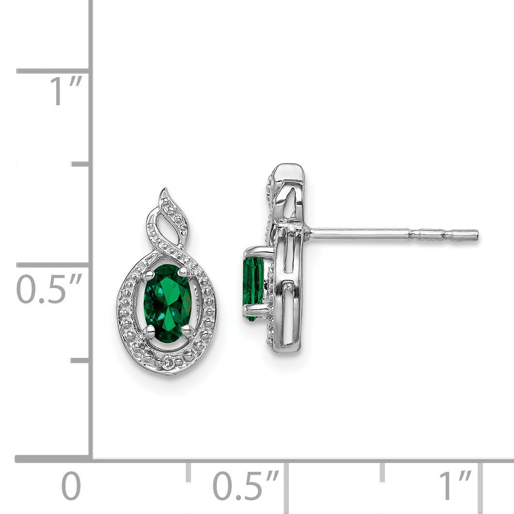 Sterling Silver Rhodium-Plated Emerald & Diamond Button Earrings – Elegant May Birthstone Design