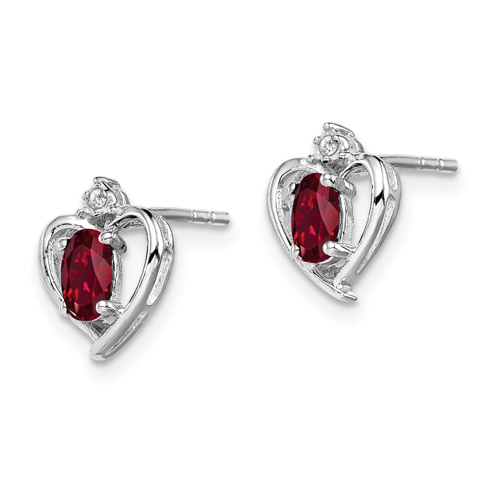 Sterling Silver Rhodium-Plated Ruby & Diamond Button Earrings Elegant Prong Set