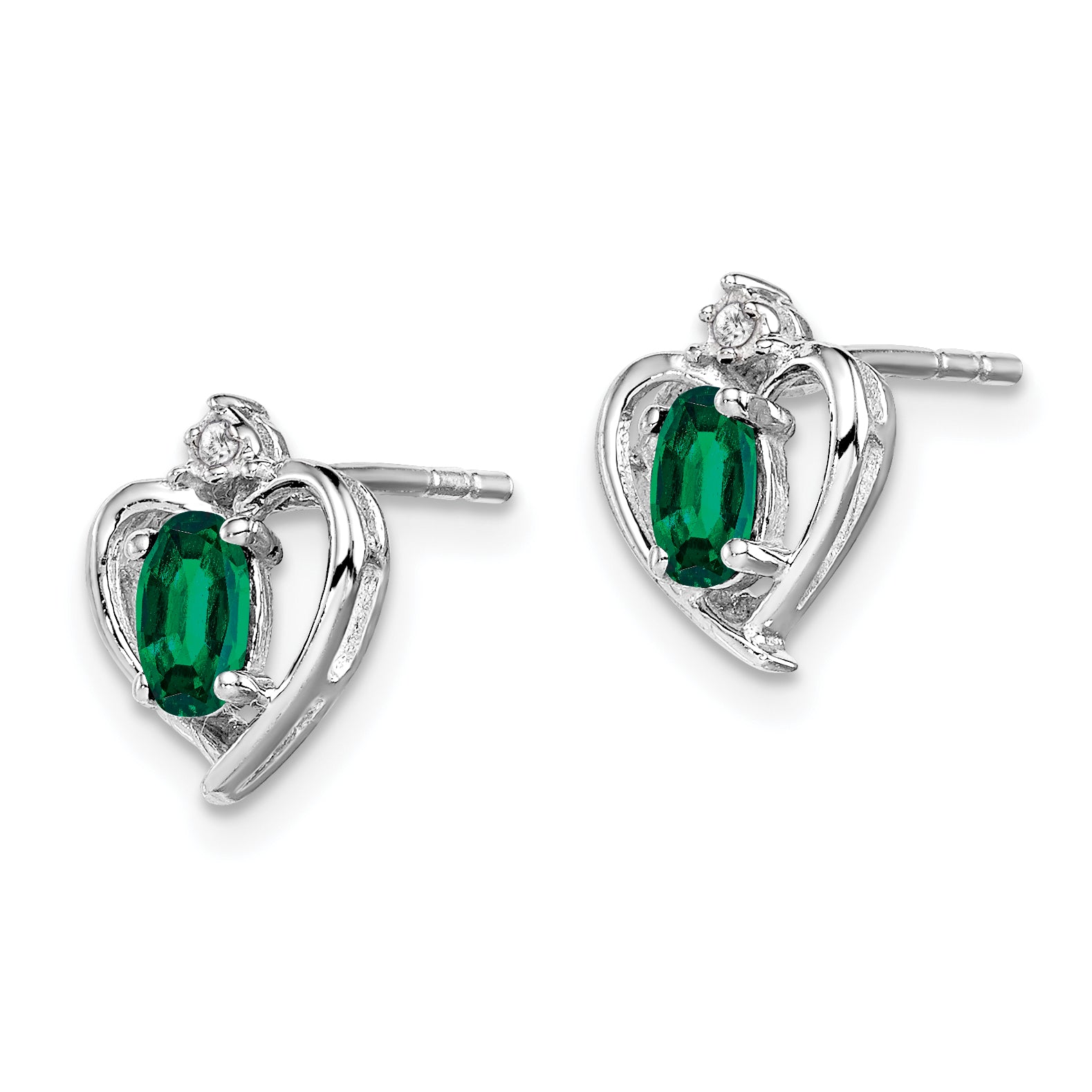 Sterling Silver Rhodium-Plated Emerald & Diamond Earrings – Elegant Birthstone Design