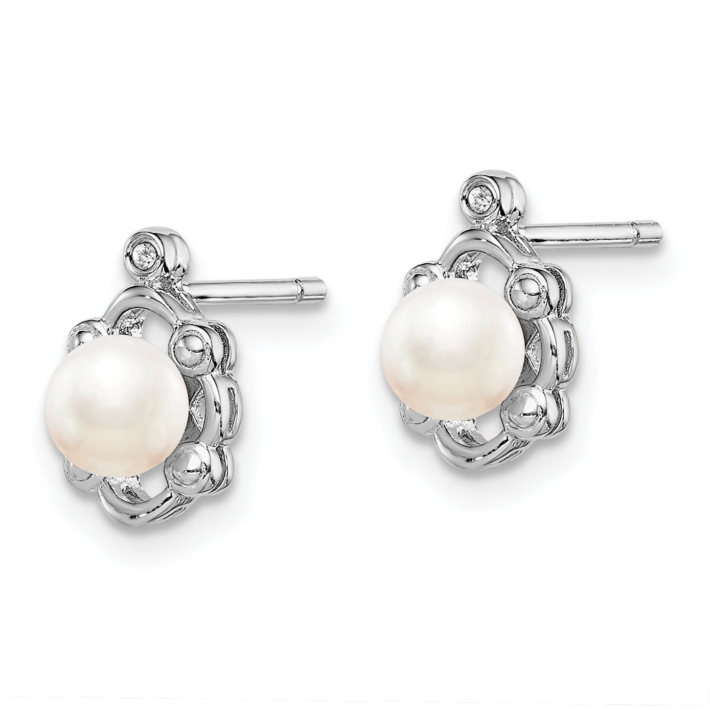 Sterling Silver Rhodium-plated FW Cultured Pearl & Diam. Earrings