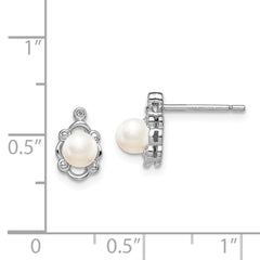 Sterling Silver Rhodium-plated FW Cultured Pearl & Diam. Earrings