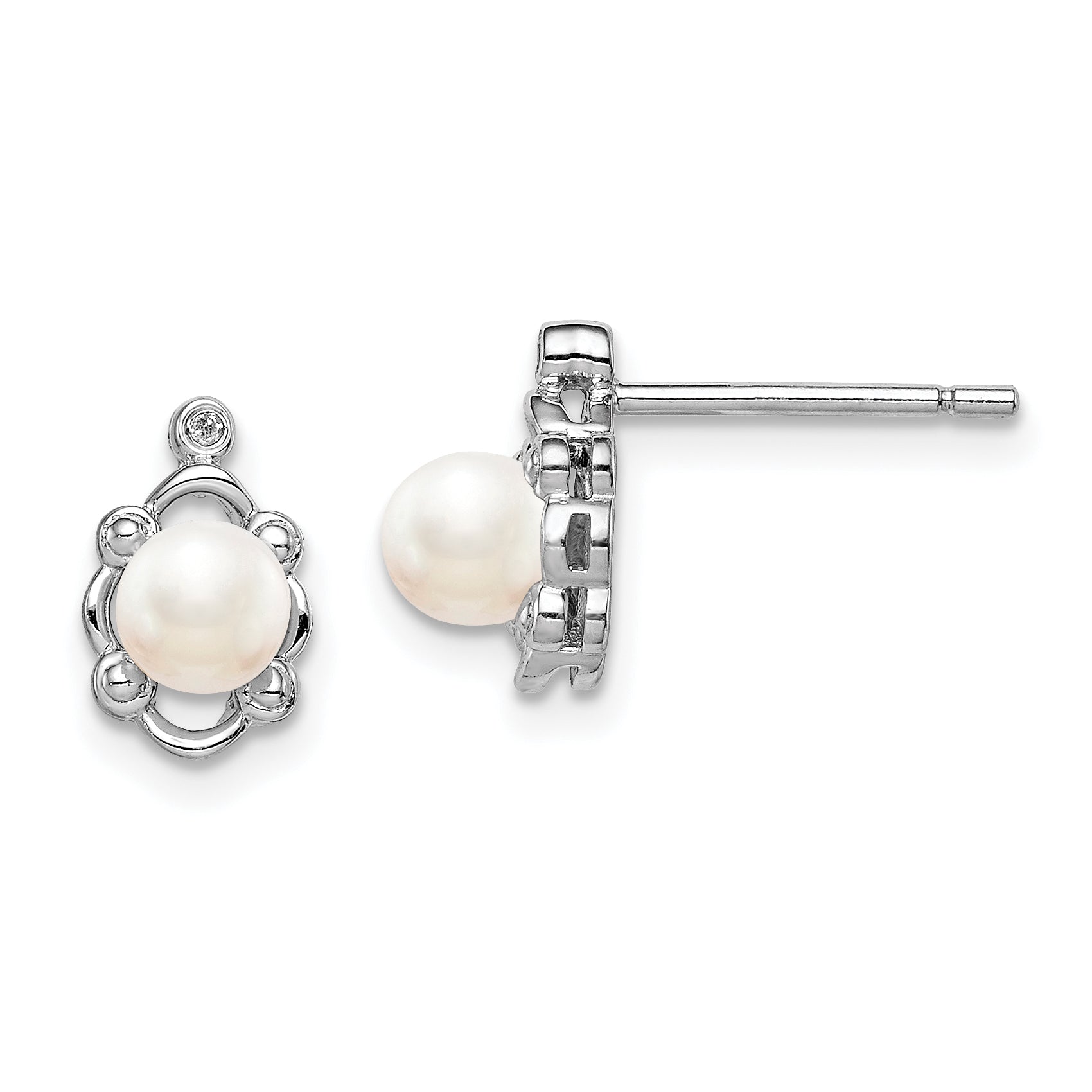 Sterling Silver Rhodium-plated FW Cultured Pearl & Diam. Earrings