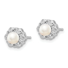 925 Sterling Silver Pearl & Diamond Button Earrings, Rhodium-Plated, Polished Finish