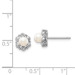 925 Sterling Silver Pearl & Diamond Button Earrings, Rhodium-Plated, Polished Finish