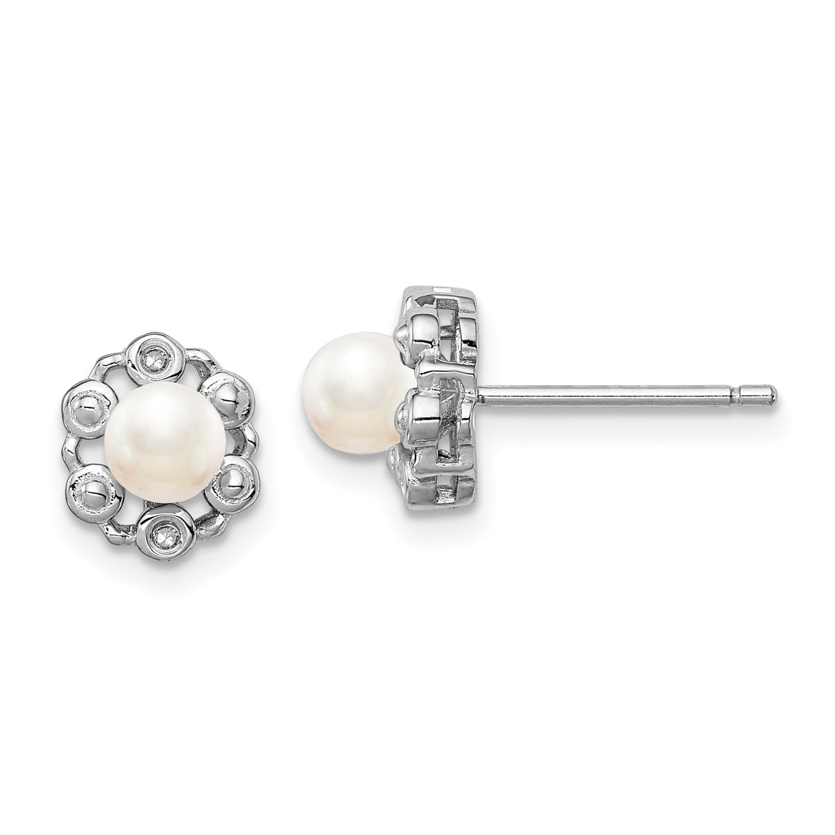 Sterling Silver Rhodium-plated FW Cultured Pearl & Diam. Earrings