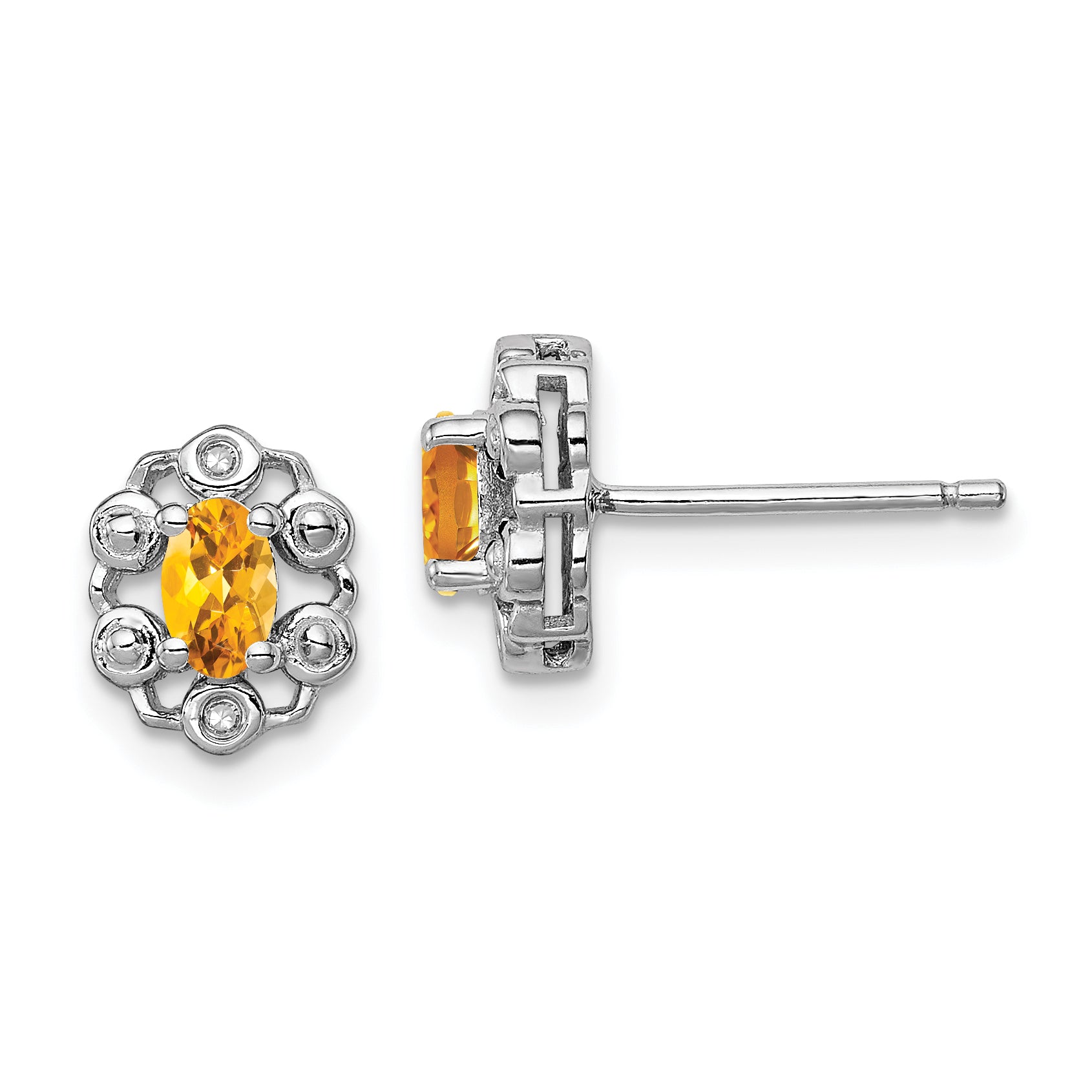 Sterling Silver Rhodium-plated Citrine & Diam. Earrings