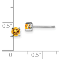 925 Sterling Silver Citrine Stud Earrings  Polished 4mm Round, November Birthstone