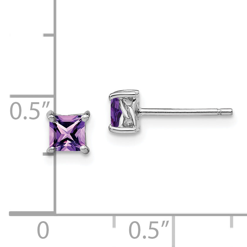 Sterling Silver 4mm Princess Amethyst Stud Earrings with Rhodium Finish