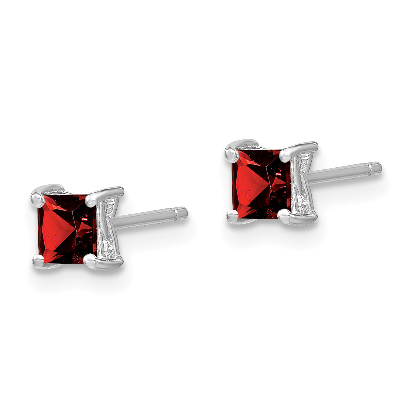 925 Sterling Silver Rhodium-Plated Garnet Stud Earrings  4mm Princess Cut