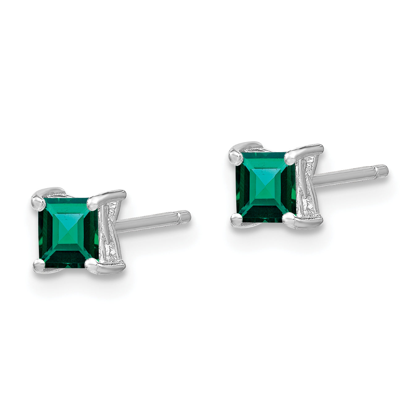 Sterling Silver 4mm Princess Cut Created Emerald Stud Earrings  Polished & Rhodium-Plated