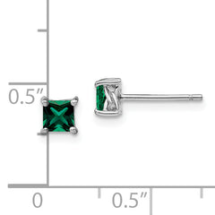 Sterling Silver 4mm Princess Cut Created Emerald Stud Earrings  Polished & Rhodium-Plated