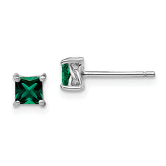 Sterling Silver Rhod-pltd 4mm Princess Created Emerald Post Earrings