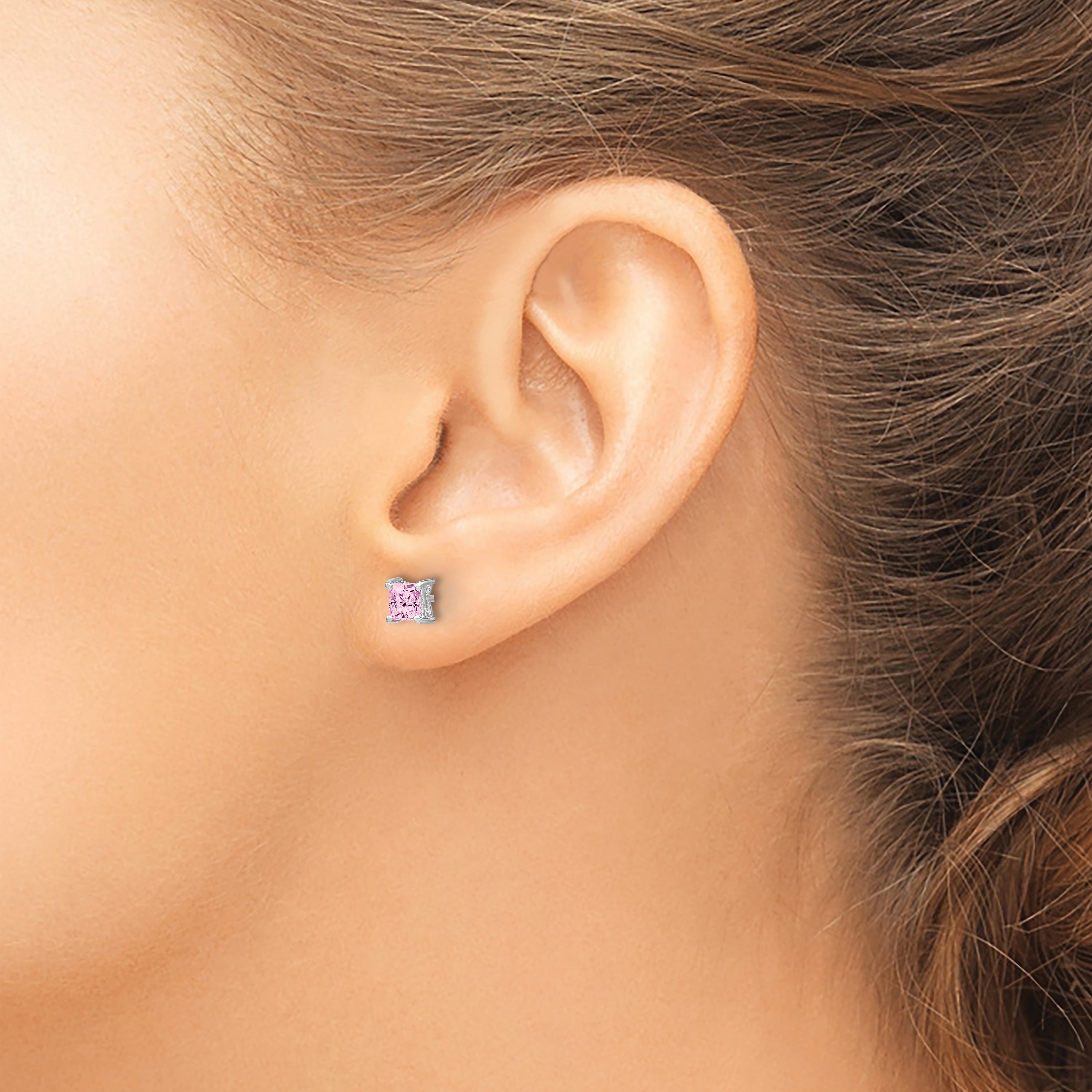 Sterling Silver Rhod-pltd 4mm Princess Cr. Pink Sapphire Post Earrings