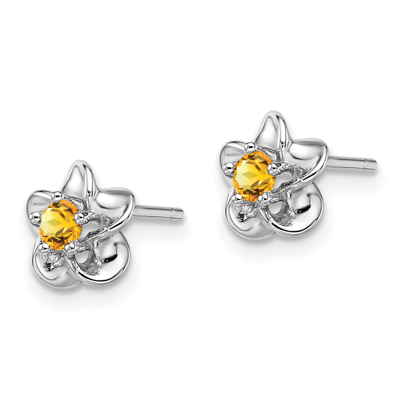 Sterling Silver Rhodium-Plated Citrine Earrings with Polished Floral Design