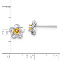 Sterling Silver Rhodium-Plated Citrine Earrings with Polished Floral Design