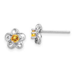 Sterling Silver Rhodium-plated Floral Citrine Post Earrings