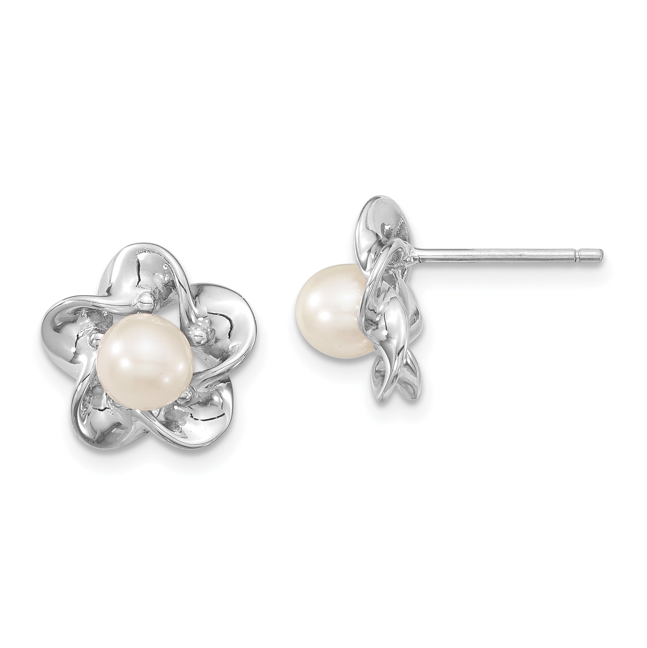 Sterling Silver Rhodium-plated Floral FWC Pearl Post Earrings