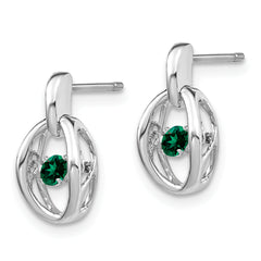 Sterling Silver Rhodium Plated Birthstone Drop Earrings with Created Emerald