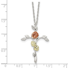 Sterling Silver Necklace with 12K Gold Accents and Floral Cross